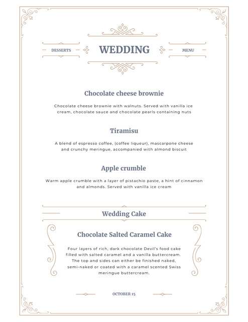 Wedding Desserts List With Caramel Cake Menu 8.5x11in tervezősablon