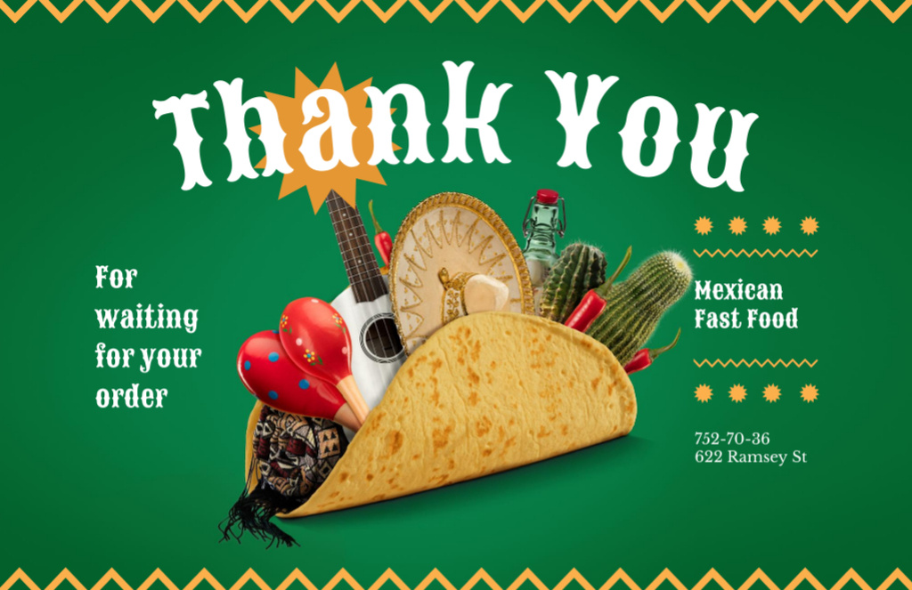 Thankful Quote with Mexican Taco on Green Thank You Card 5.5x8.5in Design Template