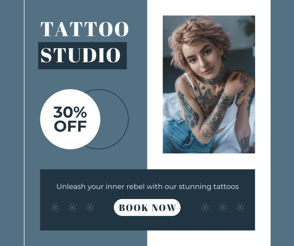 Ontwerpsjabloon van Facebook van Beautiful Tattoo Studio Service With Discount In Blue