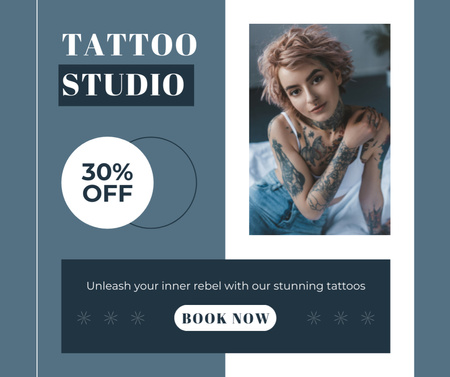 Beautiful Tattoo Studio Service With Discount In Blue Facebook Design Template