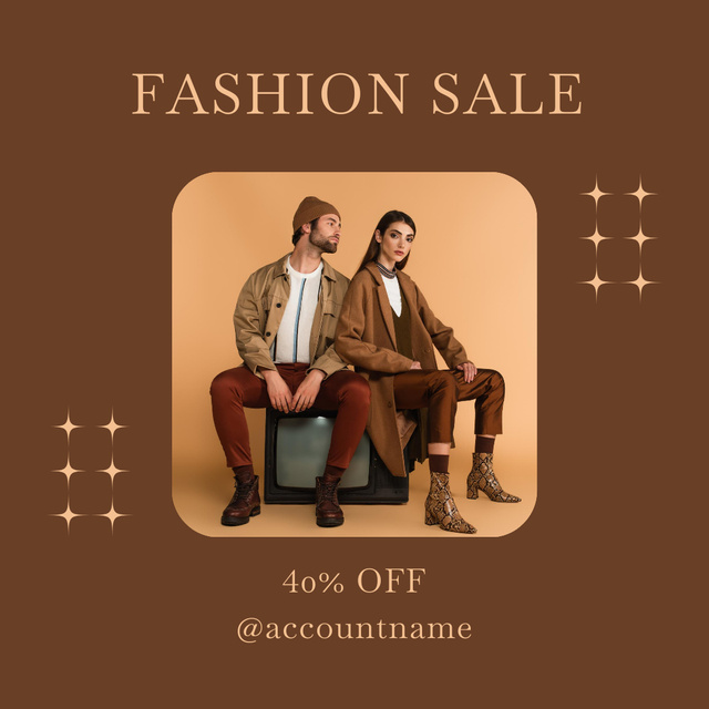 New Collection Sale Announcement with Stylish Woman and Man in Brown Outfits Instagram Πρότυπο σχεδίασης