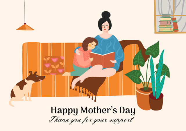 Happy Mother's Day Greeting with Mom reading on Sofa Card Modelo de Design