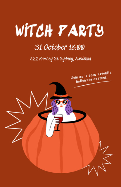 Ontwerpsjabloon van Invitation 5.5x8.5in van Halloween Party With Woman In Witch Costume
