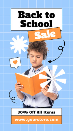 School Supplies Sale with Boy and Book Instagram Story Design Template