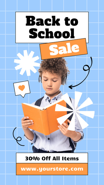 Ontwerpsjabloon van Instagram Story van School Supplies Sale with Boy and Book