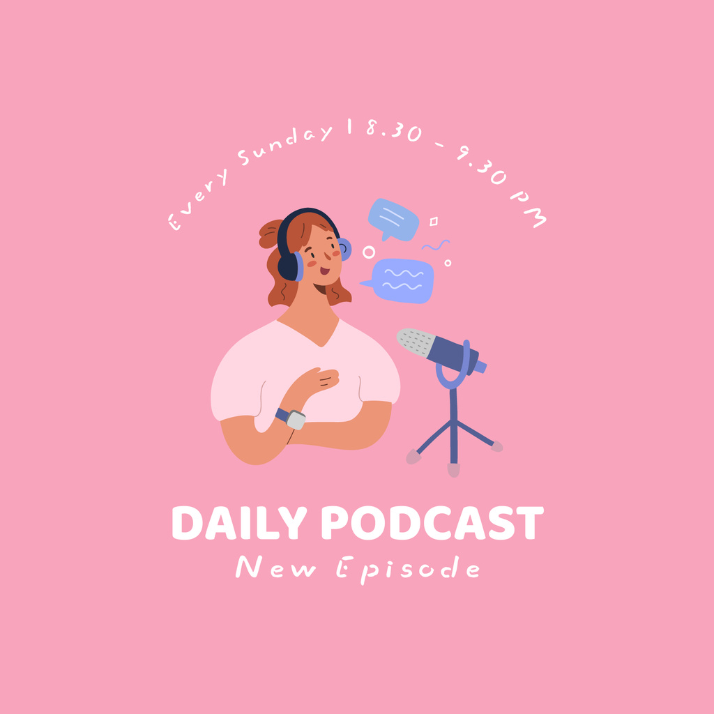 Sunday Episode with Girl in Headphones  Podcast Cover Design Template