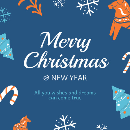 Merry Christmas Blue Greeting with Snowflakes and Fir Trees Instagram Design Template