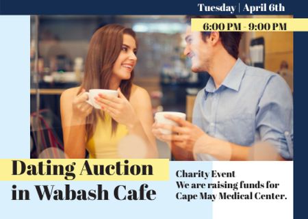 Platilla de diseño Dating Auction Announcement with Couple in Cafe Card