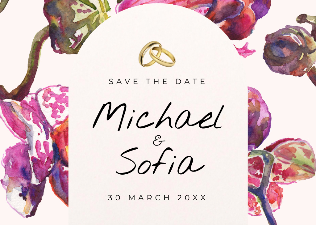Save the Date Wedding Announcement with Watercolor Orchids Card Modelo de Design