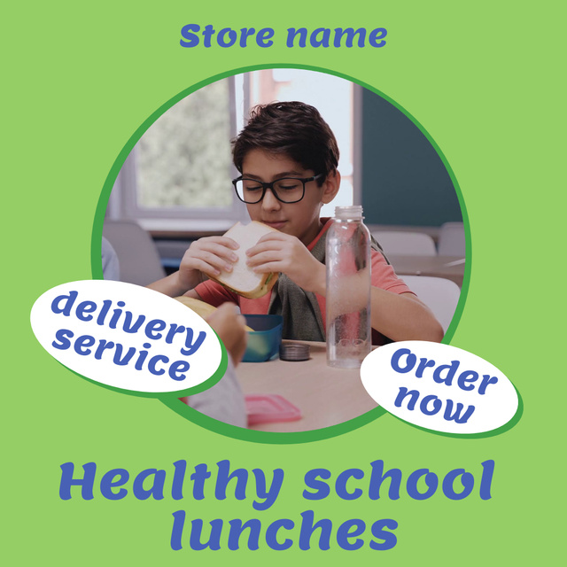 School Food Ad with Boy eating Sandwich in Canteen Animated Post Modelo de Design