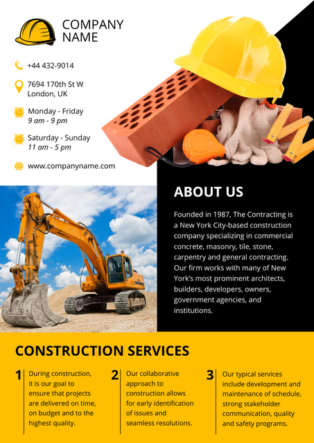 Construction Services Ad with Big Excavator Poster Design Template