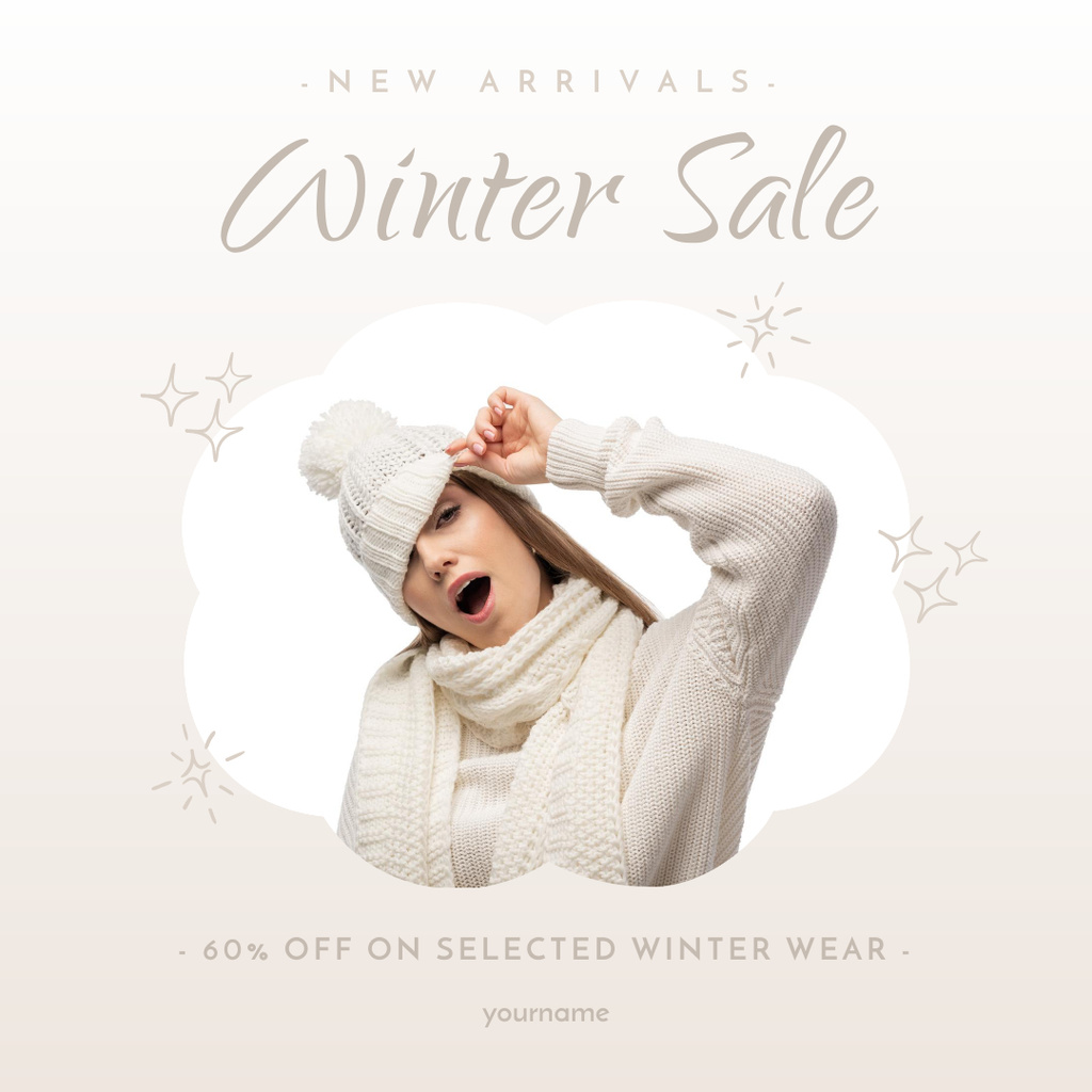 Designvorlage Winter Stylish Sale Announcement with Young Woman in White für Instagram