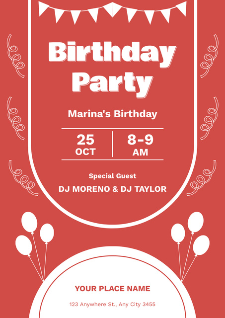 Birthday Party Announcement on Red with Balloons Poster Πρότυπο σχεδίασης