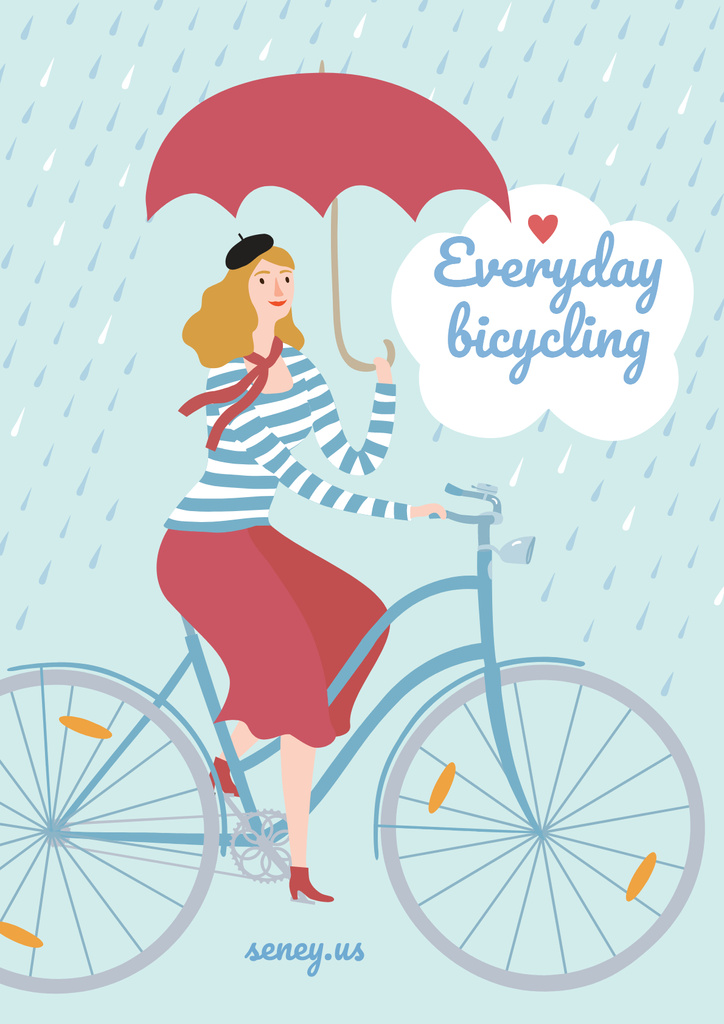 Illustration of Woman on bike in Rainy Day Poster Design Template
