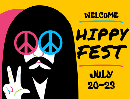 Объявление о веселом фестивале хиппи в желтом цвете Postcard 4.2x5.5in – шаблон для дизайна