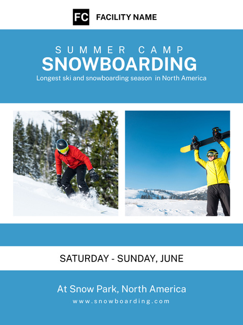 Summer Snowboarding Camp with People in Mountains Poster US – шаблон для дизайну