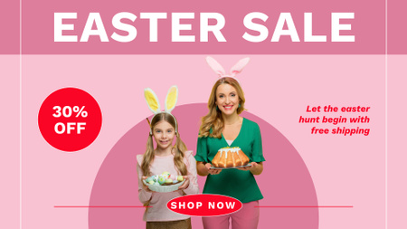 Оголошення великоднього розпродажу з усміхненими матір’ю та донькою в кролячих вушках FB event cover – шаблон для дизайну