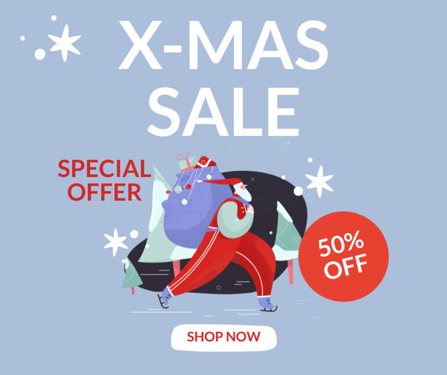 Ontwerpsjabloon van Facebook van Christmas Sale Offer Santa Skating with Gifts Bag