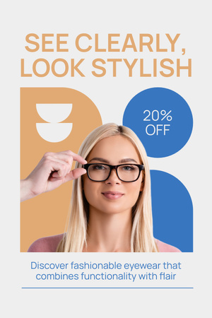 Offer of Stylish Eyeglasses with Young Woman Pinterest Design Template
