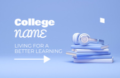 College Advertisement with Headphones and Stack of Books