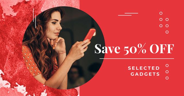 Ontwerpsjabloon van Facebook AD van Gadgets Sale with Woman holding Phone