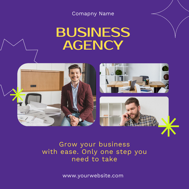 Template di design Business Agency Ad with Collage on Purple LinkedIn post