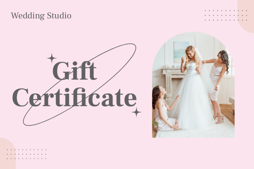 Wedding Studio Ad with Happy Beautiful Bride and Bridesmaids Gift Certificate Tasarım Şablonu