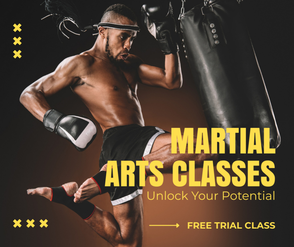 Martial Arts Classes Ad with Boxer in Action Facebook Modelo de Design