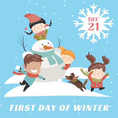 First day of winter with Сhildren making Snowman Instagram Design Template