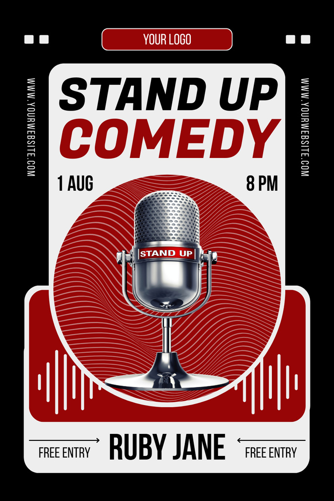 Stand-up Show Ad with Microphone in Red Pinterest tervezősablon