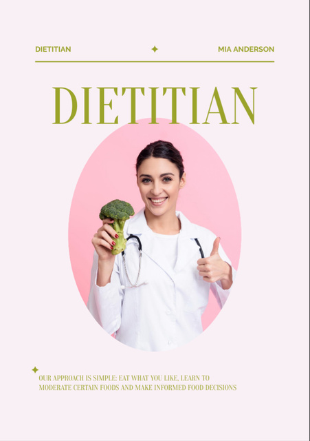 Dietitian Services Offer with Female Doctor Holding Broccoli Flyer A7 Πρότυπο σχεδίασης