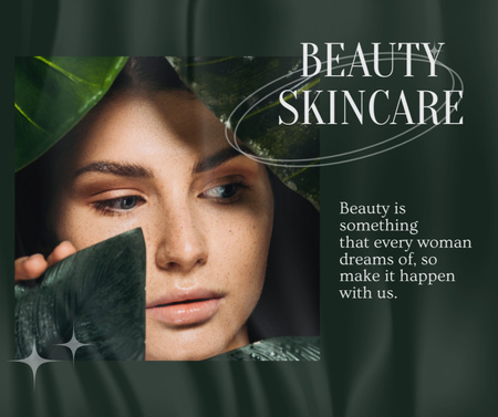 Skincare Ad with Young Girl in Big Leaves Facebook Design Template