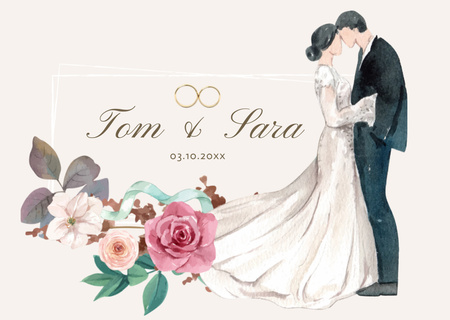 Wedding Announcemnt with Watercolor Couple and Flowers Card Design Template