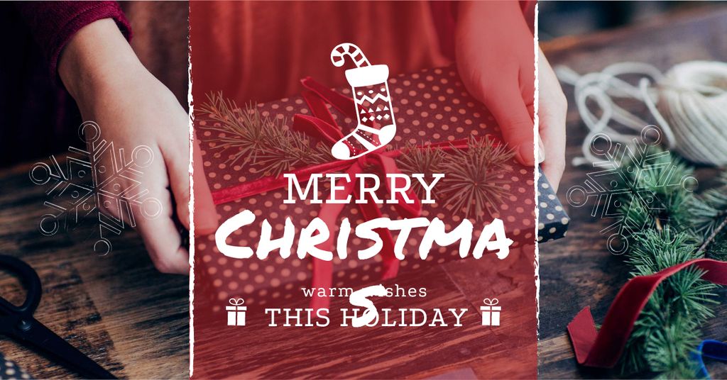 Platilla de diseño Christmas Greeting Woman wrapping Gift Facebook AD