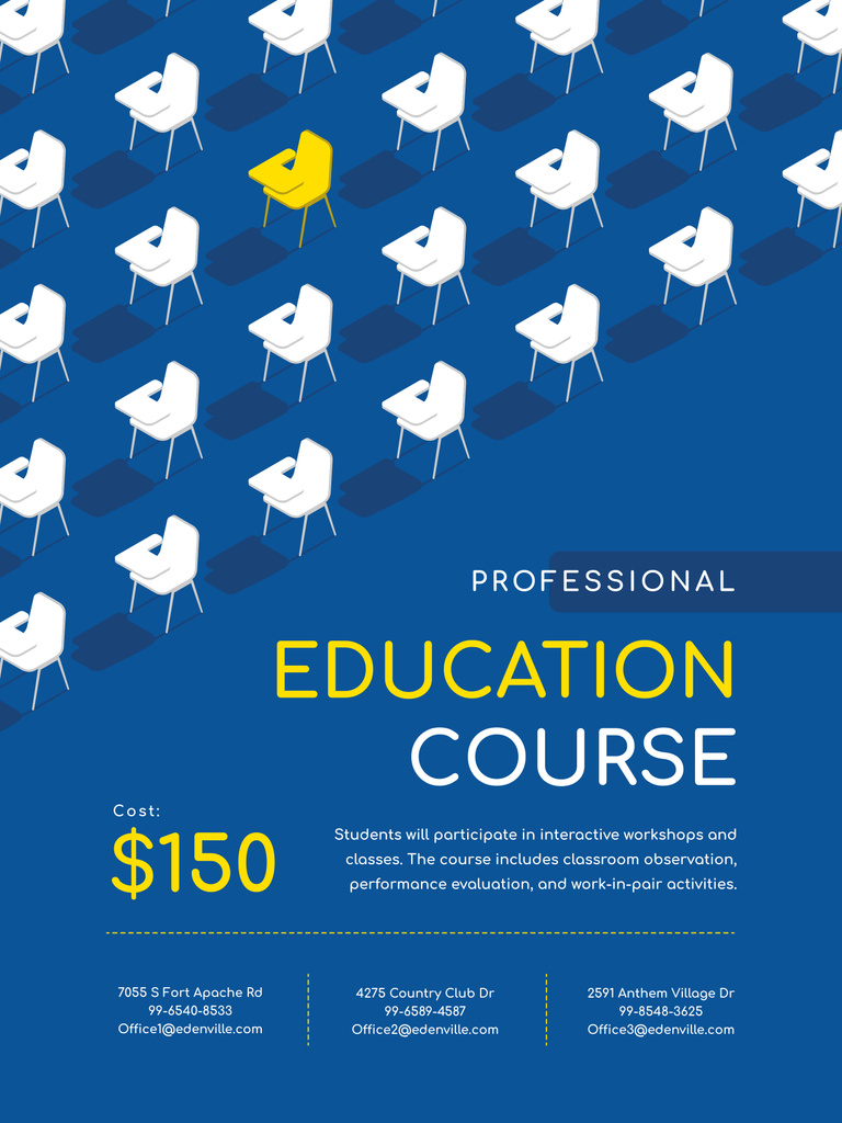 Designvorlage Educational Course Ad with Desks in Rows on Blue für Poster 36x48in