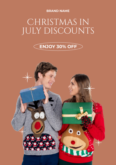 July Christmas Discount Announcement with Young Couple Flyer A4 Design Template