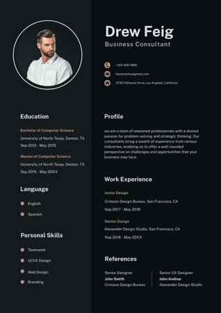 Üzleti tanácsadói képességek és tapasztalat Resume tervezősablon