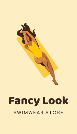 Template di design Pubblicità del negozio di costumi da bagno con donna attraente sulla spiaggia Business Card US Vertical