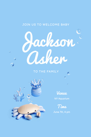 Baby Shower Announcement with Cute Crab Invitation 6x9in Design Template