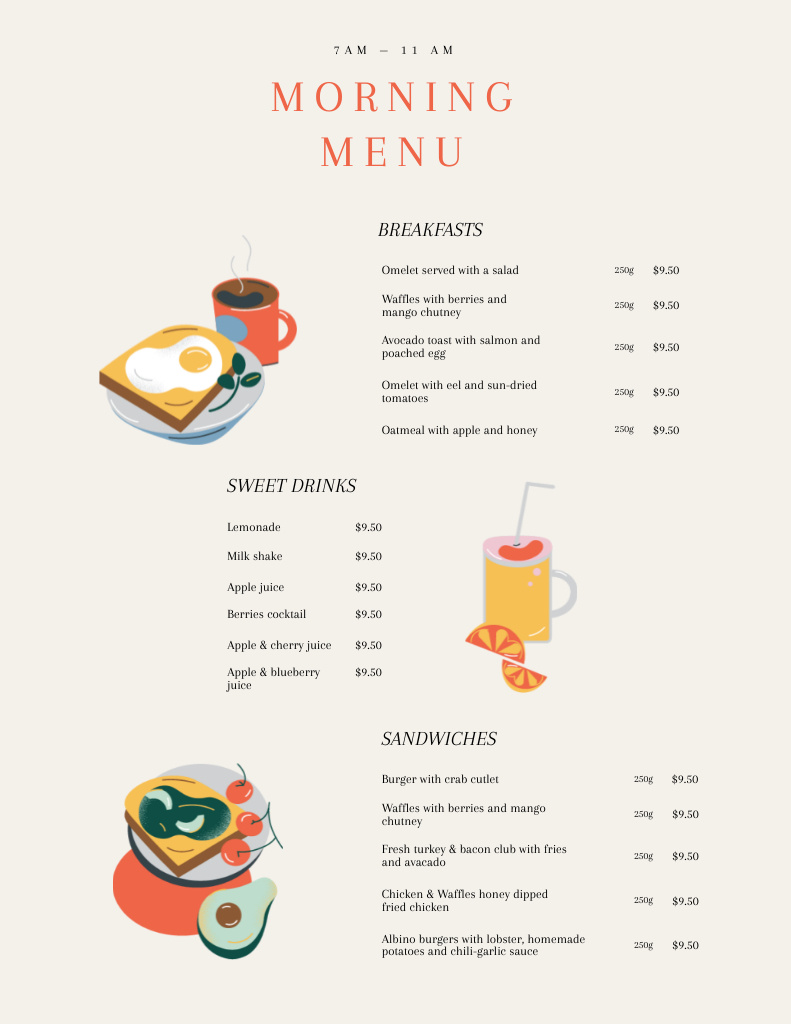Breakfast Menu Announcement with Appetizing Dishes and Drinks Menu 8.5x11in Modelo de Design