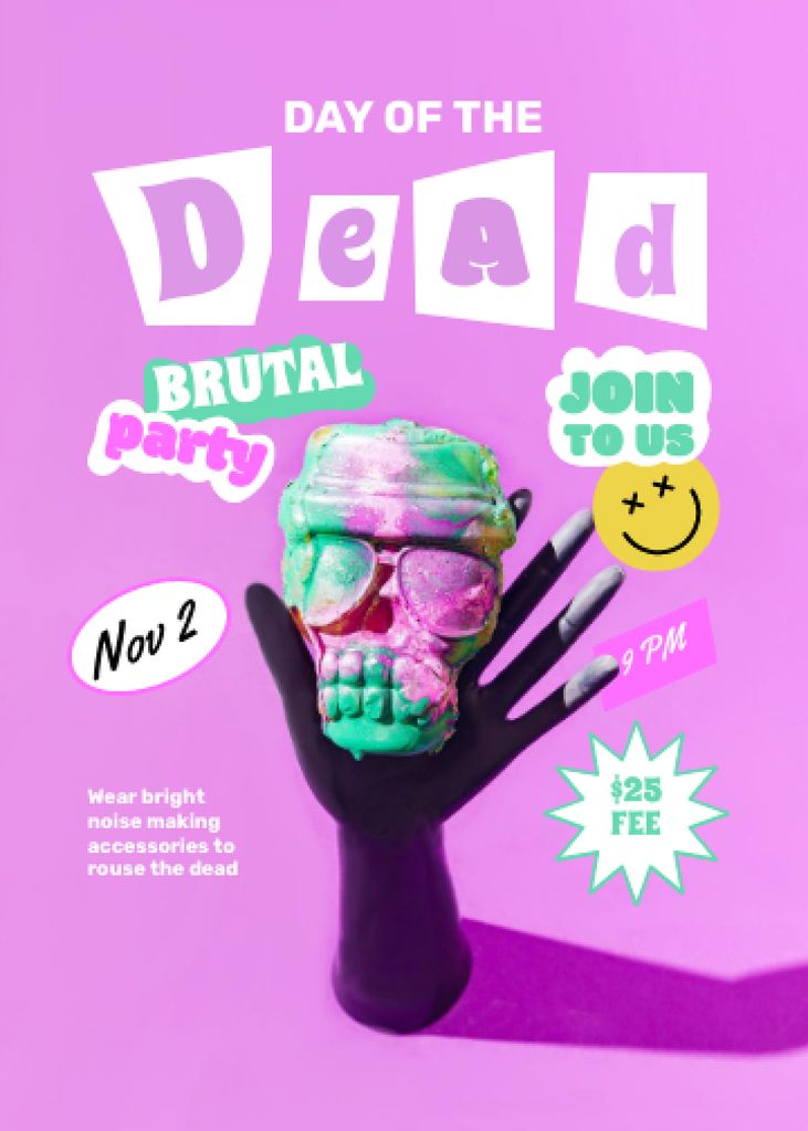 Designvorlage Day of the Dead Celebration Announcement with Skull in Hand für Invitation