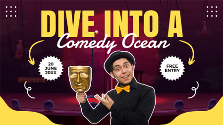 Plantilla de diseño de Promoción de espectáculo de comedia con hombre mostrando máscara teatral FB event cover 