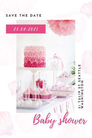 Designvorlage Baby Shower Announcement with Pink Cake and Flowers für Invitation 6x9in