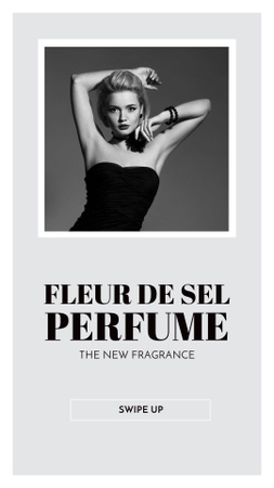 Designvorlage Parfümangebot mit modischer Frau in Schwarz für Instagram Story