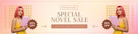 Platilla de diseño Offer of Special Novel Sale with Woman holding Book Twitter