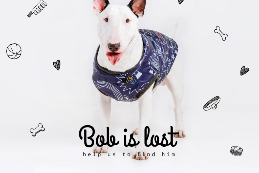 Designvorlage Lost Dog Information with Cute Bull Terrier on White für Flyer 4x6in Horizontal