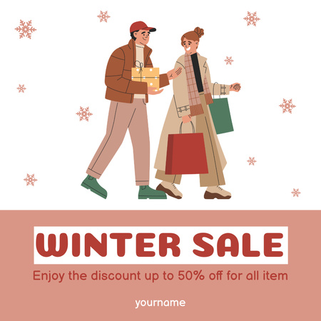 Designvorlage Happy Young Couple with Shopping Bags on Winter Sale für Instagram