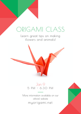 Ontwerpsjabloon van Flyer A6 van Uitnodiging voor origamiklassen met rode papieren vogel