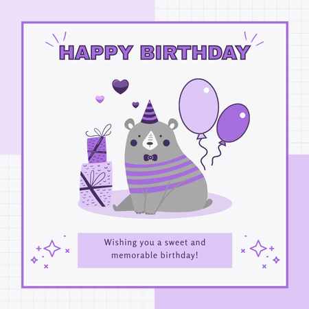 Birthday Greeting with Cute Illustration of Teddy Bear Instagram Design Template