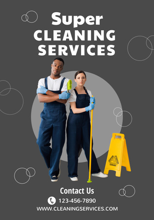 Cleaning Service Ad with Confident Team in Yellow Gloves Poster 28x40in Modelo de Design